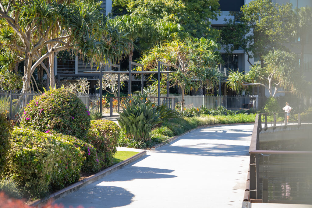 Maintained garden path with bougainvillea and bird of paradise at Allisee Residential Apartments, Hollywell